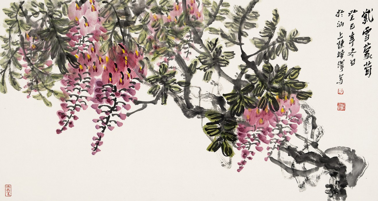《紫雪蒙茸》53x100cm 写意花鸟 纸本设色 2013年